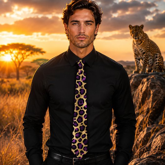 Goud & Paarse Luipaardprint Stropdas