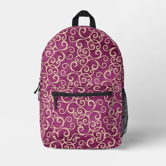 Goud & Paarse Roze Damastpatroon Schattige Monogra Bedrukte Rugzak (Voorkant)