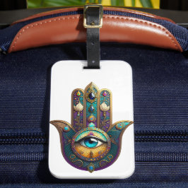 Goud Paarse Teal Hamsa met Turquoise Derde Oog Bagagelabel