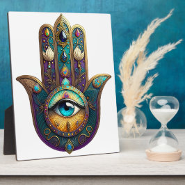 Goud Paarse Teal Hamsa met Turquoise Derde Oog Fotoplaat