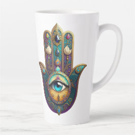 Goud Paarse Teal Hamsa met Turquoise Derde Oog Latte Mok