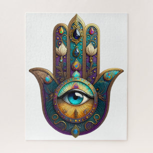 Goud Paarse Teal Hamsa met Turquoise Derde Oog Legpuzzel