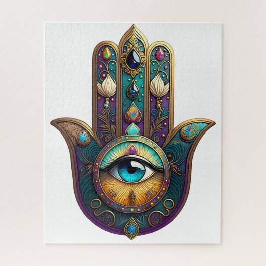 Goud Paarse Teal Hamsa met Turquoise Derde Oog Legpuzzel (Verticaal)