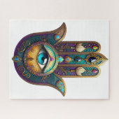 Goud Paarse Teal Hamsa met Turquoise Derde Oog Legpuzzel (Horizontaal)