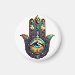 Goud Paarse Teal Hamsa met Turquoise Derde Oog Magneet