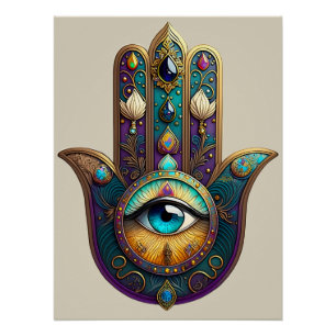 Goud Paarse Teal Hamsa met Turquoise Derde Oog Perfect Poster