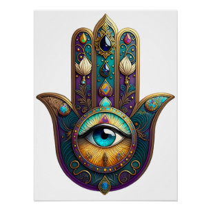 Goud Paarse Teal Hamsa met Turquoise Derde Oog Perfect Poster