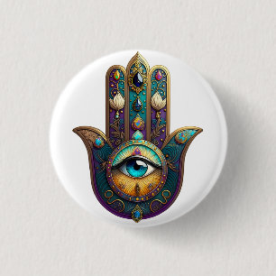 Goud Paarse Teal Hamsa met Turquoise Derde Oog Ronde Button 3,2 Cm