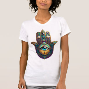 Goud Paarse Teal Hamsa met Turquoise Derde Oog T-shirt