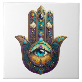 Goud Paarse Teal Hamsa met Turquoise Derde Oog Tegeltje