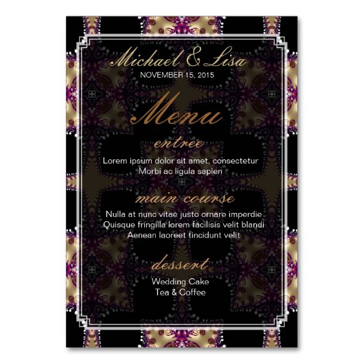 Goud Paarse Tribal Bruiloft Menu+Table Nummer Kaar Kaart (Achterkant)