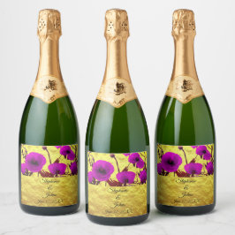 Goud Paarse Trouwbloemen Waterverf Bloemen Koel Sparkling Wijnetiket