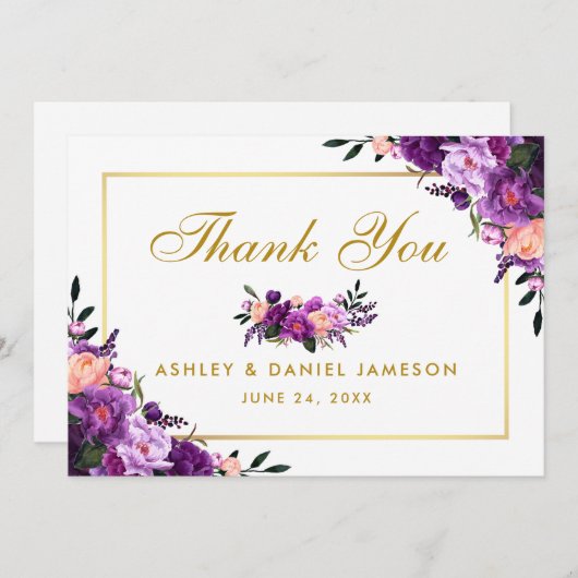 Goud Paarse Ultra Violet Bloemen Bruiloft Dank u Bedankkaart (Voorkant / Achterkant)