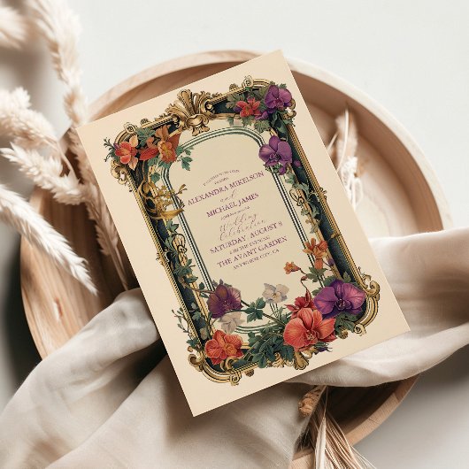 Goud Paarse Vintage Bloem Bruiloft Kaart