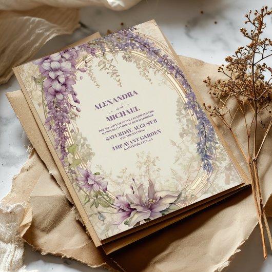Goud Paarse Vintage Bloemige Bruiloft Kaart