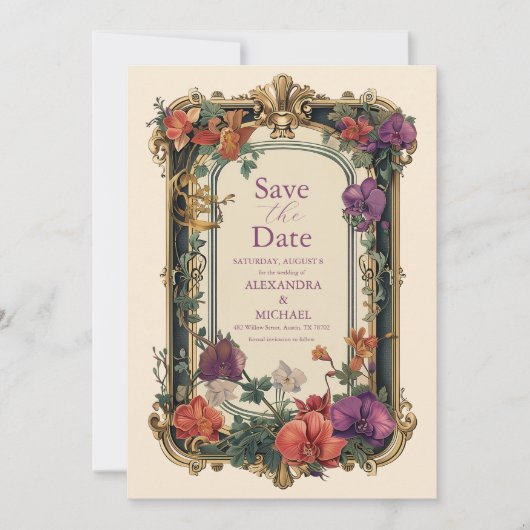 Goud Paarse Vintage Bloemige Bruiloft Save The Date (Voorkant)