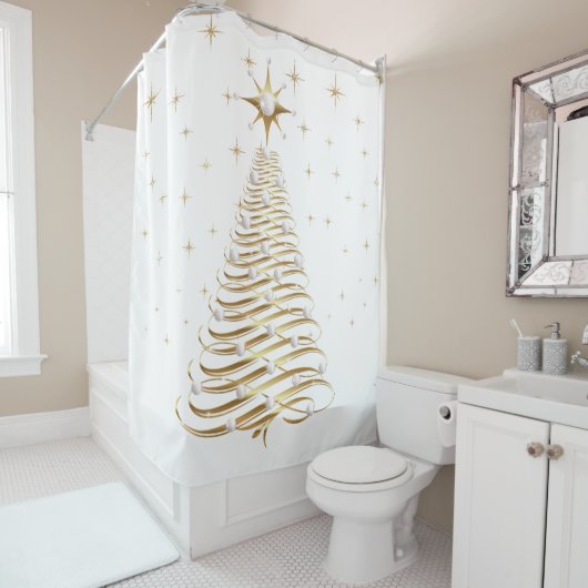 Goud & Parel Kerstboom op Wit Douchegordijn (In situ)