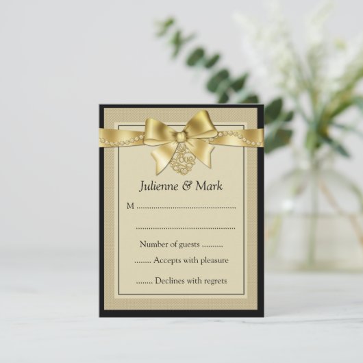 Goud parellint op zwarte RSVP Kaartje (Staand voorkant)