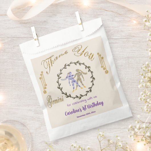 Goud & Parels Gemini 1e Verjaardag Bedankt Bedankzakje (Geknipt)