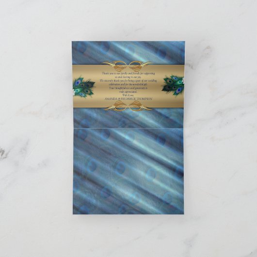 Goud, Peacock Feathers op Emerald Green Silk Bedankkaart (Binnen)