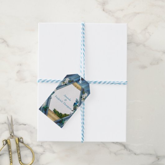 Goud, Peacock Feathers op Emerald Green Silk Cadeaulabel (Met Touw)