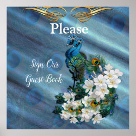 Goud, Peacock Feathers op Emerald Green Silk Poster