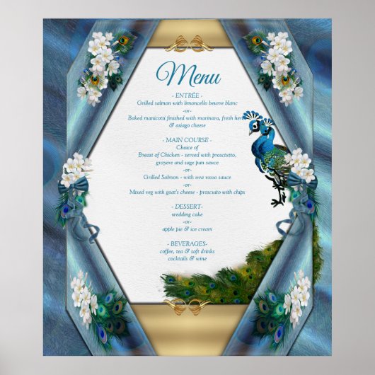 Goud, Peacock Feathers op Emerald Green Silk Poster (Voorkant)