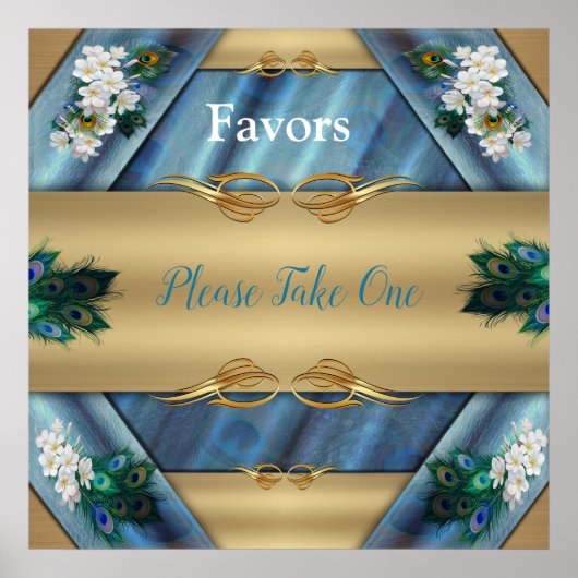 Goud, Peacock Feathers op Emerald Green Silk Poster (Voorkant)