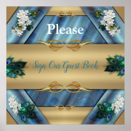 Goud, Peacock Feathers op Emerald Green Silk Poster