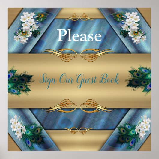 Goud, Peacock Feathers op Emerald Green Silk Poster (Voorkant)