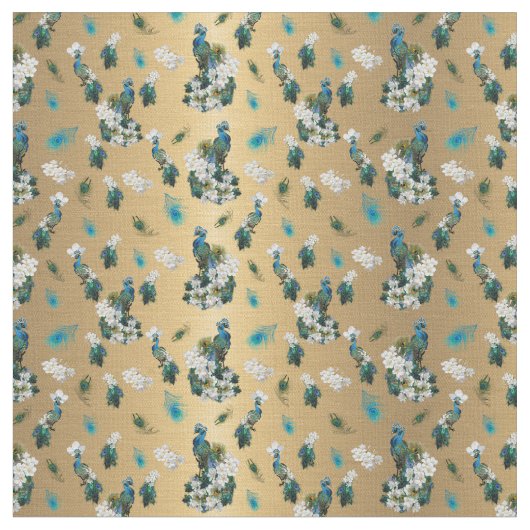 Goud - Peacock Feathers Running Print Stof (Close Up)