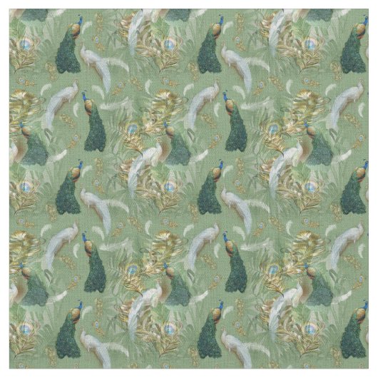 Goud - Peacock Feathers Running Print Stof (Close Up)