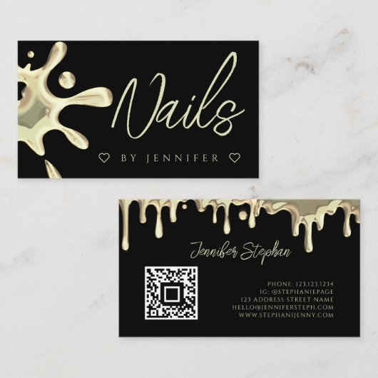 Goud Pools weekblad Nails QR Code Black Visitekaartje (Voorkant / Achterkant)