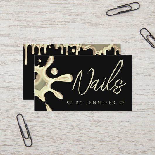 Goud Pools weekblad Nails QR Code Black Visitekaartje (Voorkant / Achterkant in situ)