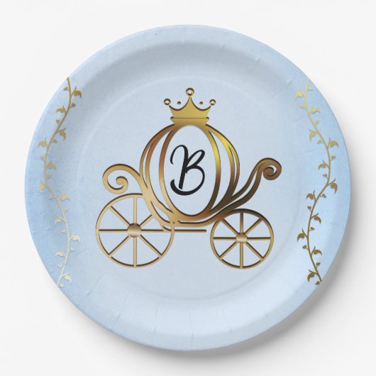 Goud Prinses Carriage Blauw Storybook Royal Papieren Bordje (Voorkant)