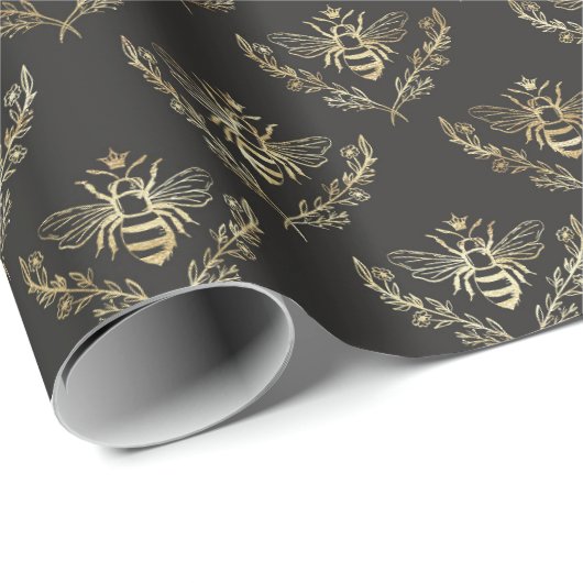 goud Queen Bee op zwart Cadeaupapier (Rol Hoek)