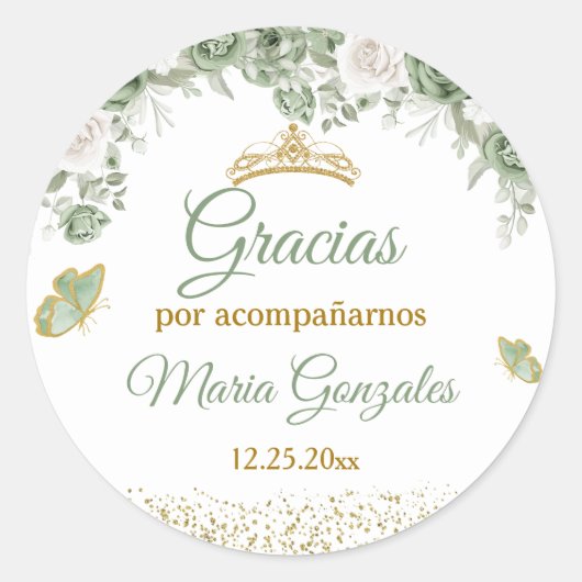 Goud Quinceañera Sage Groene Kroon Gracias Ronde Sticker (Voorkant)