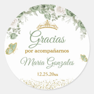 Goud Quinceañera Sage Groene Kroon Gracias Ronde Sticker
