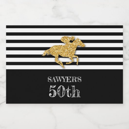 Goud Racehorse op Black Stripes Verjaardag Likeurfles Etiket (Enkel label)