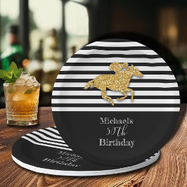 Goud Racehorse Zwart Wit Strepen Verjaardag Papieren Bordje