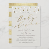 Goud raindrops met script baby shower nodigt grijs kaart (Voorkant / Achterkant)