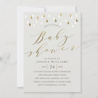 Goud raindrops met script baby shower nodigt grijs kaart