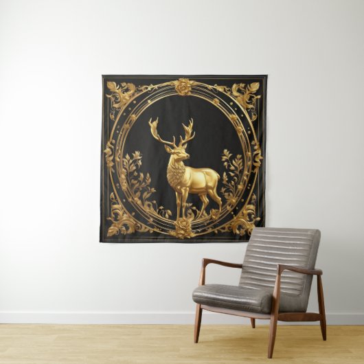 Goud rendiergoud en zwart sierlijk lijst wandkleed (In situ)