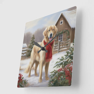 Goud Retriever Hond in Sneeuw Kerstmis Vierkante Klok