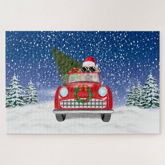 Goud Retriever Hond Rijdt Auto In Sneeuw Kerstmis Legpuzzel (Horizontaal)