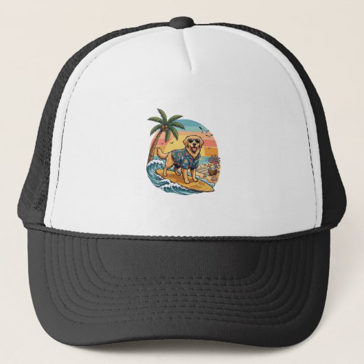 Goud Retriever Hond Surft Surfplank Zonsondergang Trucker Pet (Voorkant)