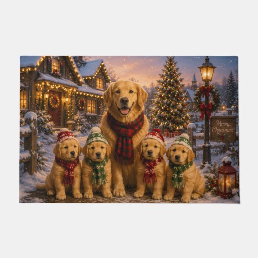Goud Retriever Kerst Dorp Schilderij Deurmat (Voorkant)