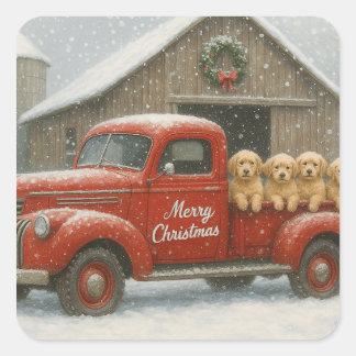 Goud Retriever Kerst Puppy's in Oude Vrachtwagen Vierkante Sticker