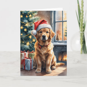 Goud Retriever Puppy bij Kerstboom Vakantie Kaart