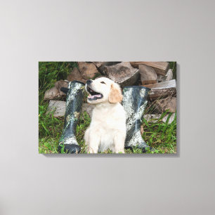 Goud Retriever Puppy en Jachtlaarzen Canvas Afdruk